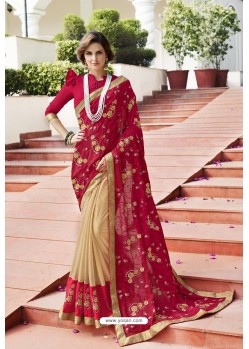 Red And Cream Art Silk Embroidered Party Wear Saree