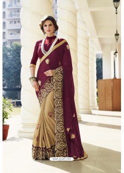 Deep Scarlet And Cream Art Silk Embroidered Party Wear Saree