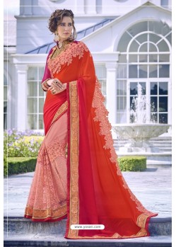 Orange And Pink Georgette Stone Worked Party Wear Saree