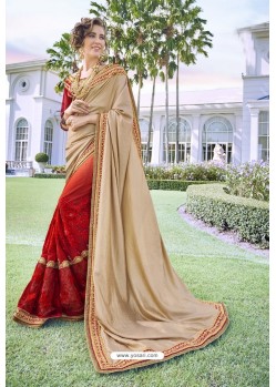 Beige And Red Georgette Stone Worked Party Wear Saree