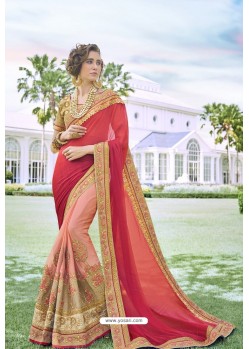 Elegant Red And Pink Georgette Party Wear Saree