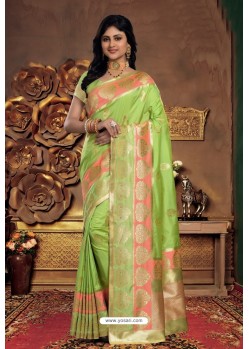 Classy Parrot Green Silk Wedding Party Wear Saree
