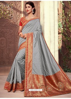 Dashing Grey Silk Wedding Party Wear Sari