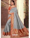 Dashing Grey Silk Wedding Party Wear Sari