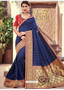 Classy Navy Blue Silk Wedding Party Wear Sari
