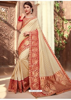 Classy Beige Silk Wedding Party Wear Sari