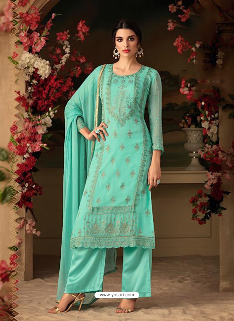 Buy Ravishing Teal Embroidered Straight Salwar Suit | Straight Salwar Suits
