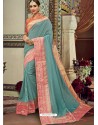 Classy Aqua Grey Silk Wedding Party Wear Sari