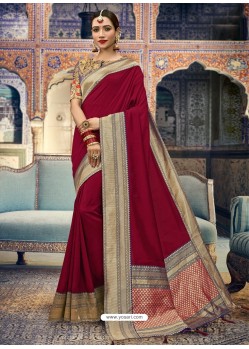 Awesome Maroon Silk Wedding Party Wear Sari