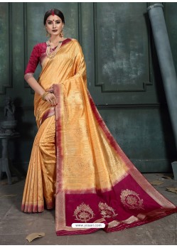 Awesome Gold Art Silk Wedding Party Wear Sari