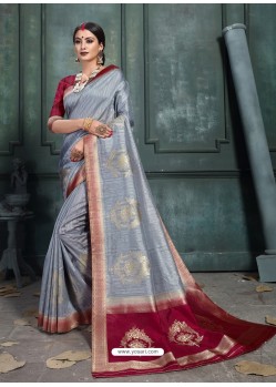 Classy Grey Art Silk Wedding Party Wear Sari