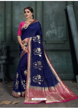 Classy Navy Blue Art Silk Wedding Party Wear Sari