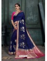 Classy Navy Blue Art Silk Wedding Party Wear Sari