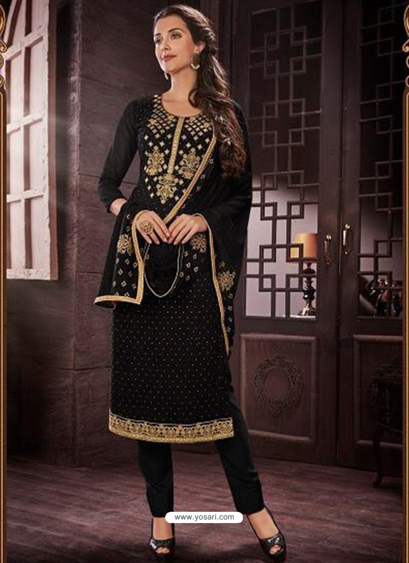 Black Multicolor Thread and Mirror work Straight Cut Salwar Suit with –  Seasons Chennai