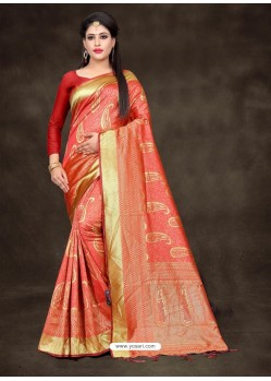 Classy Light Orange Art Silk Embroidered Sari