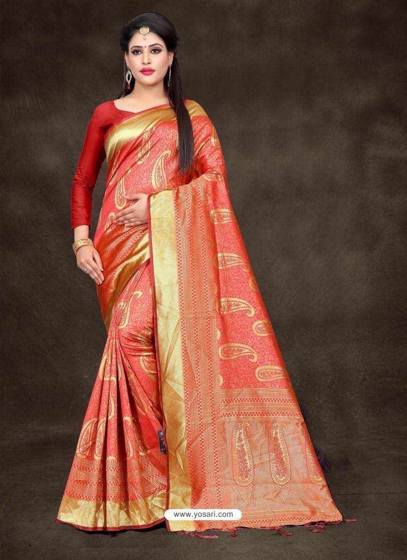 Buy Classy Light Orange Art Silk Embroidered Sari | Party Wear Sarees