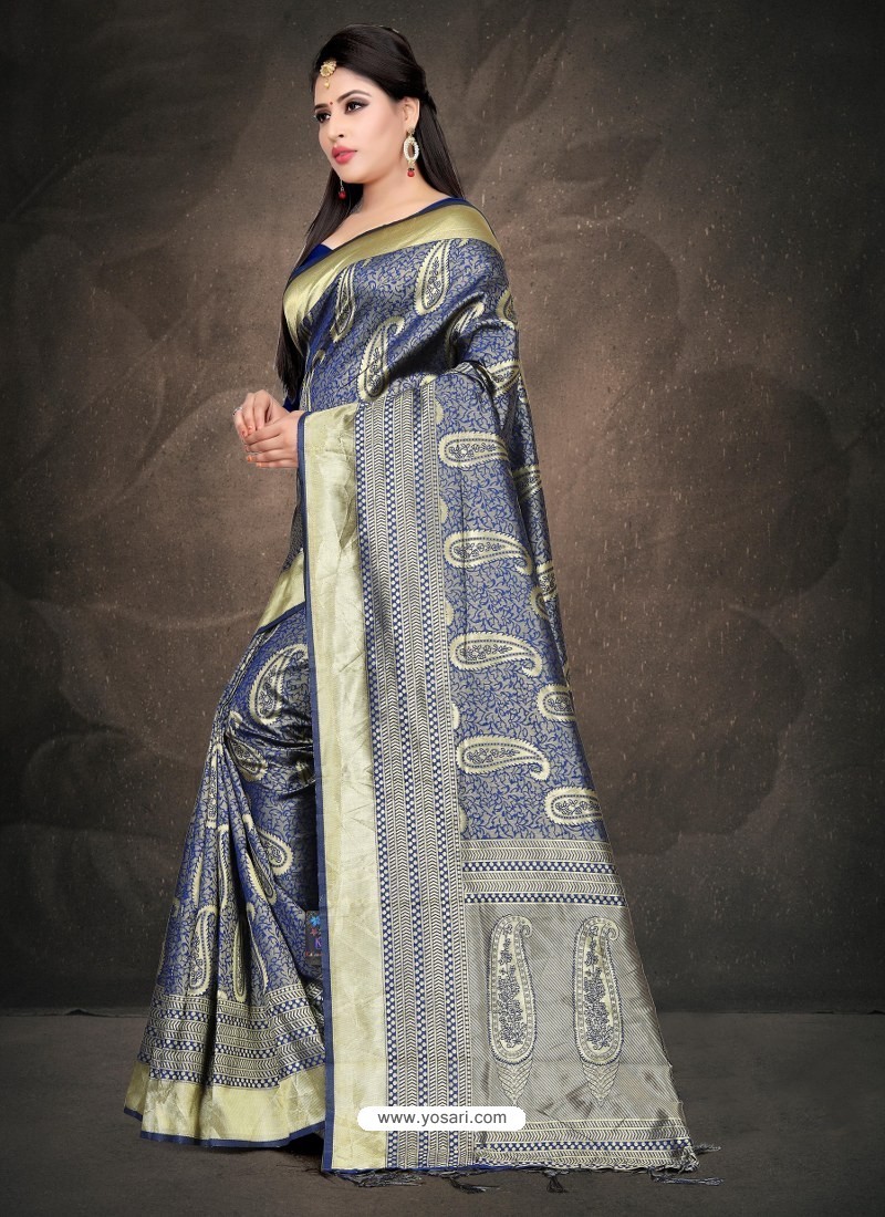 Buy Awesome Peacock Blue Art Silk Embroidered Sari | Party Wear Sarees