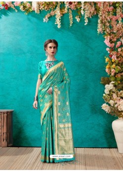 Classy Aqua Mint Banarasi Silk Embroidered Sari