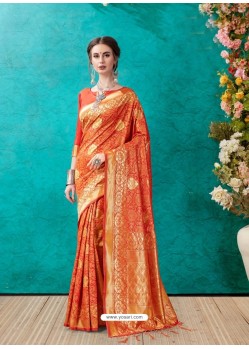 Awesome Orange Banarasi Silk Embroidered Sari