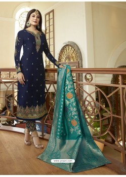 Trendy Navy Blue Embroidered Straight Salwar Suit