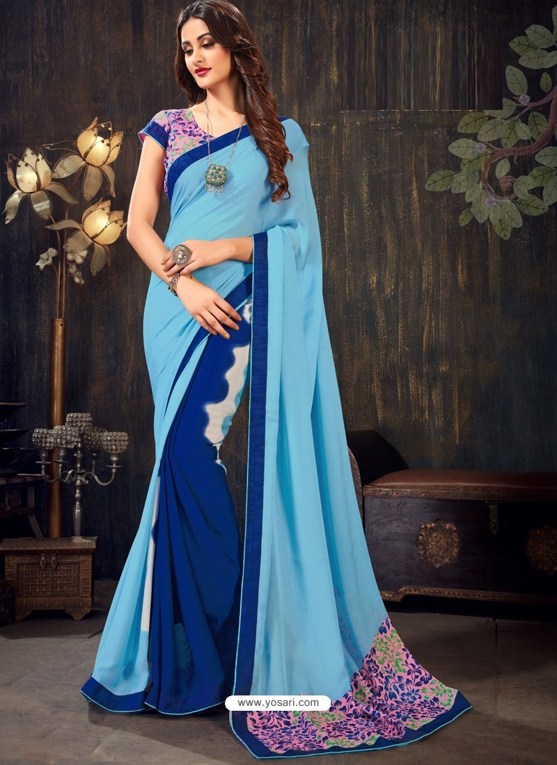 Buy Awesome Turquoise Designer Chiffon Sari | Party Wear Sarees