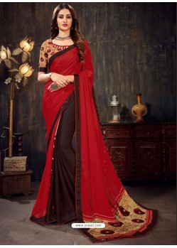 Classy Red Designer Chiffon Sari