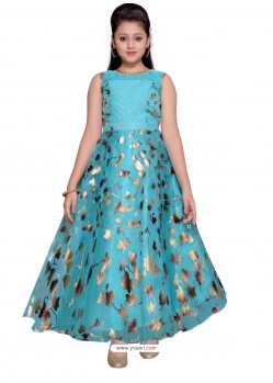 Glossy Sky Blue Party Wear Gown for Girls