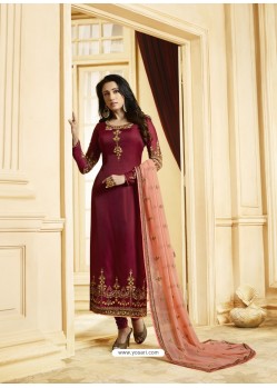 Fabulous Maroon Embroidered Straight Salwar Suit