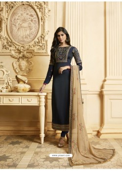 Trendy Navy Blue Embroidered Straight Salwar Suit