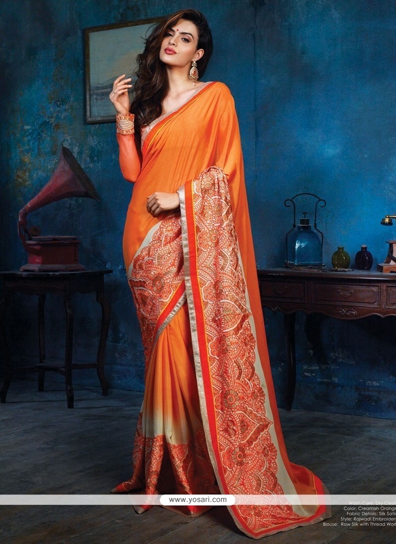 Elegant Orange Satin Silk Designer Saree