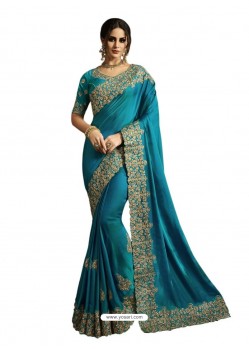 Trendy Teal Blue Soft Silk Embroidered Sari