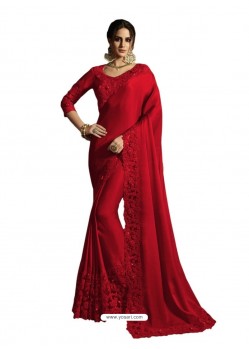 Awesome Red Soft Silk Embroidered Sari