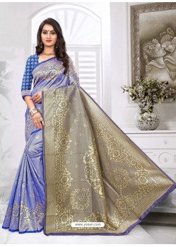 Trendy Blue Designer Banarasi Silk Sari