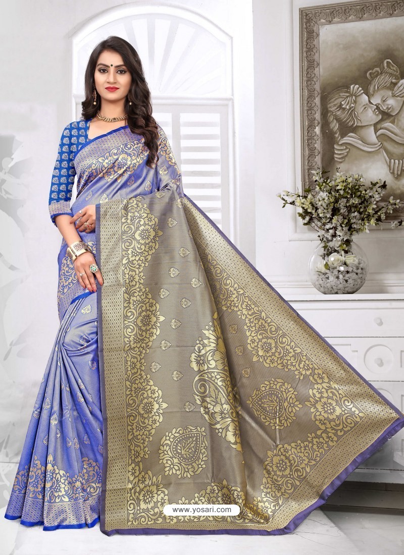Buy Trendy Blue Designer Banarasi Silk Sari | Party Wear Sarees
