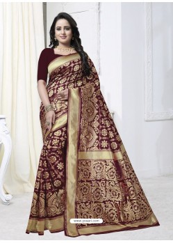 Trendy Maroon Designer Banarasi Silk Sari