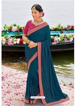 Classy Peacock Blue Designer Silk Sari