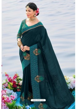 Classy Peacock Blue Designer Silk Sari