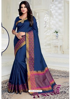 Classy Peacock Blue Designer Raw Silk Sari