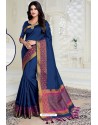 Classy Peacock Blue Designer Raw Silk Sari