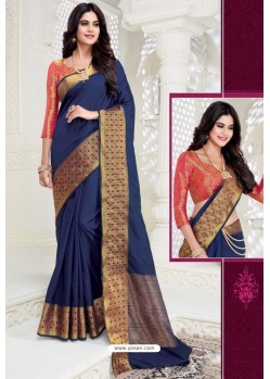 Trendy Navy Blue Designer Raw Silk Sari