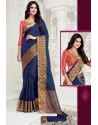 Trendy Navy Blue Designer Raw Silk Sari