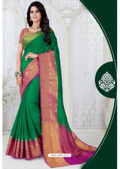 Classy Forest Green Designer Raw Silk Sari