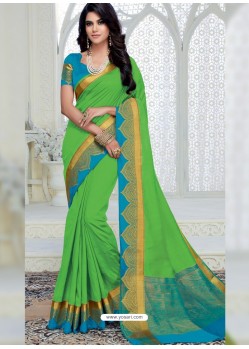 Classy Parrot Green Designer Raw Silk Sari