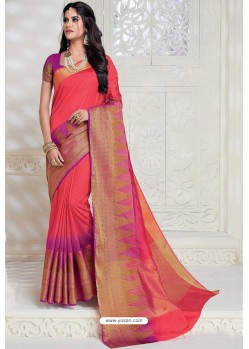 Classy Light Red Designer Raw Silk Sari