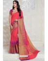 Classy Light Red Designer Raw Silk Sari
