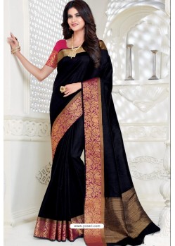 Classy Black Designer Raw Silk Sari