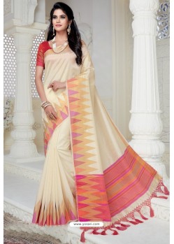 Classy Off White Designer Raw Silk Sari