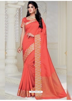Classy Peach Designer Raw Silk Sari