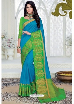 Classy Blue Designer Raw Silk Sari