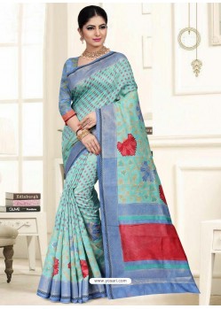 Awesome Sky Blue Raw Silk Embroidered Sari